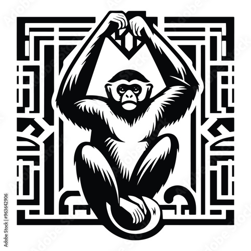 Gibbon monkey with art deco decoration, stencil logo, black and white animal illustration