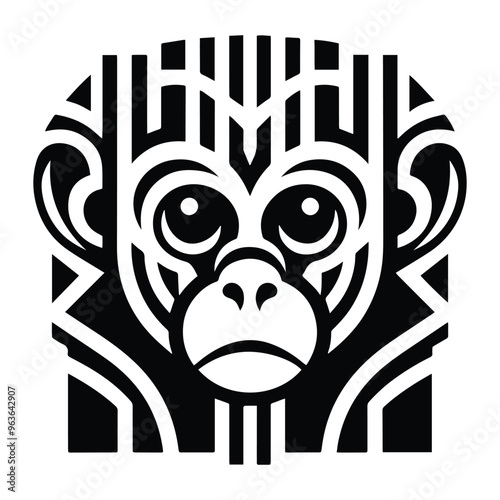 Gibbon monkey with art deco decoration, stencil logo, black and white animal illustration