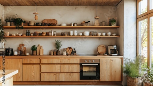 Japandi kitchen with wooden cabinets and open shelving