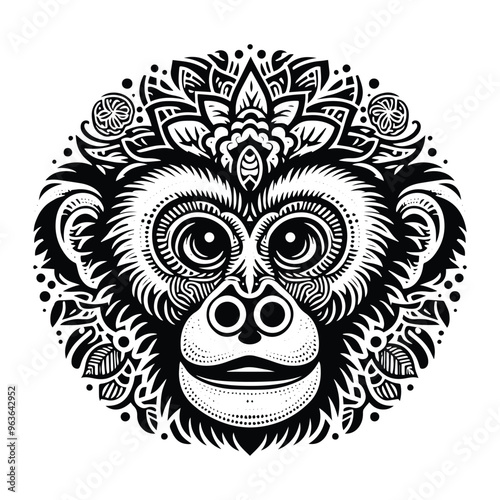 Gibbon monkey in zentangle art, stencil logo, black and white animal illustration