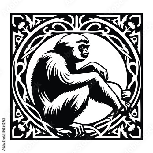 Gibbon monkey with art nouveau decoration, stencil logo, black and white animal illustration