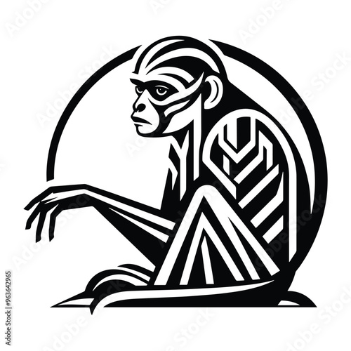 Gibbon monkey with art deco decoration, stencil logo, black and white animal illustration