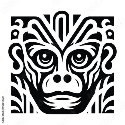 Gibbon monkey with art deco decoration, stencil logo, black and white animal illustration