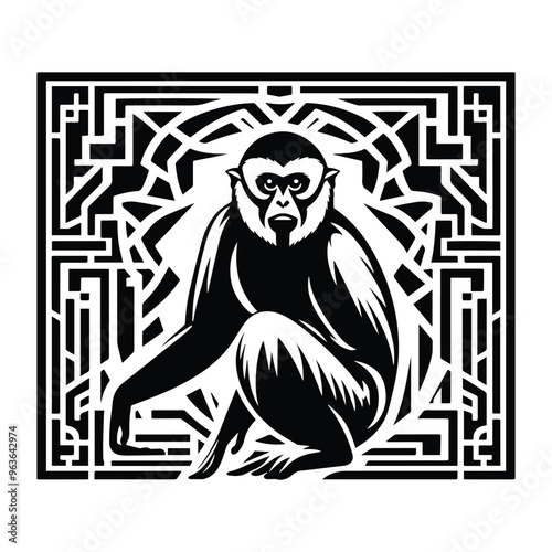Gibbon monkey with art deco decoration, stencil logo, black and white animal illustration