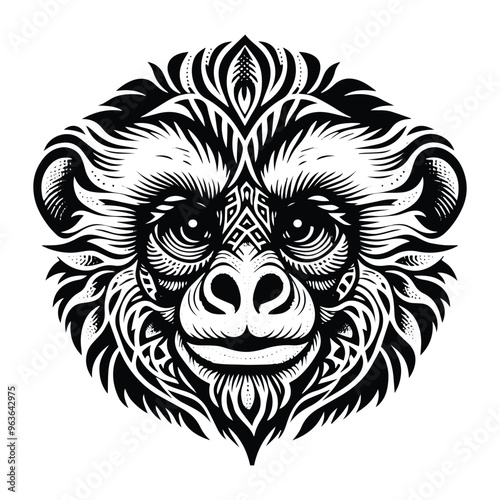 Gibbon monkey in zentangle art, stencil logo, black and white animal illustration