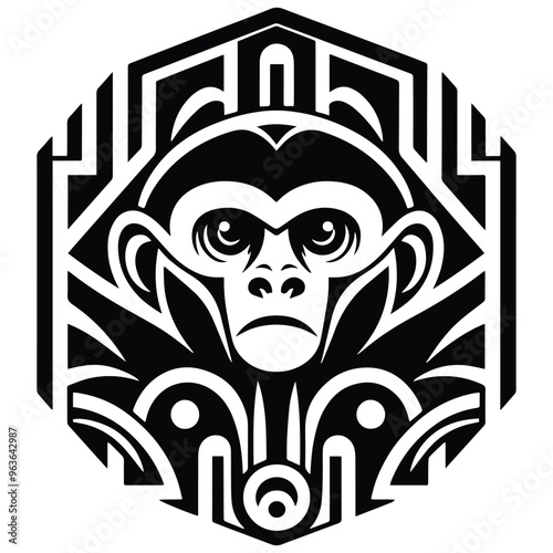 Gibbon monkey with art deco decoration, stencil logo, black and white animal illustration