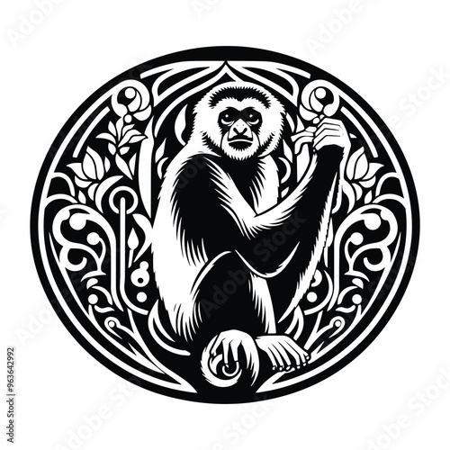 Gibbon monkey with art nouveau decoration, stencil logo, black and white animal illustration