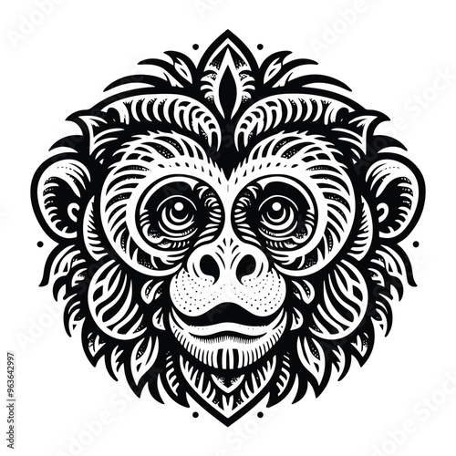 Gibbon monkey in zentangle art, stencil logo, black and white animal illustration