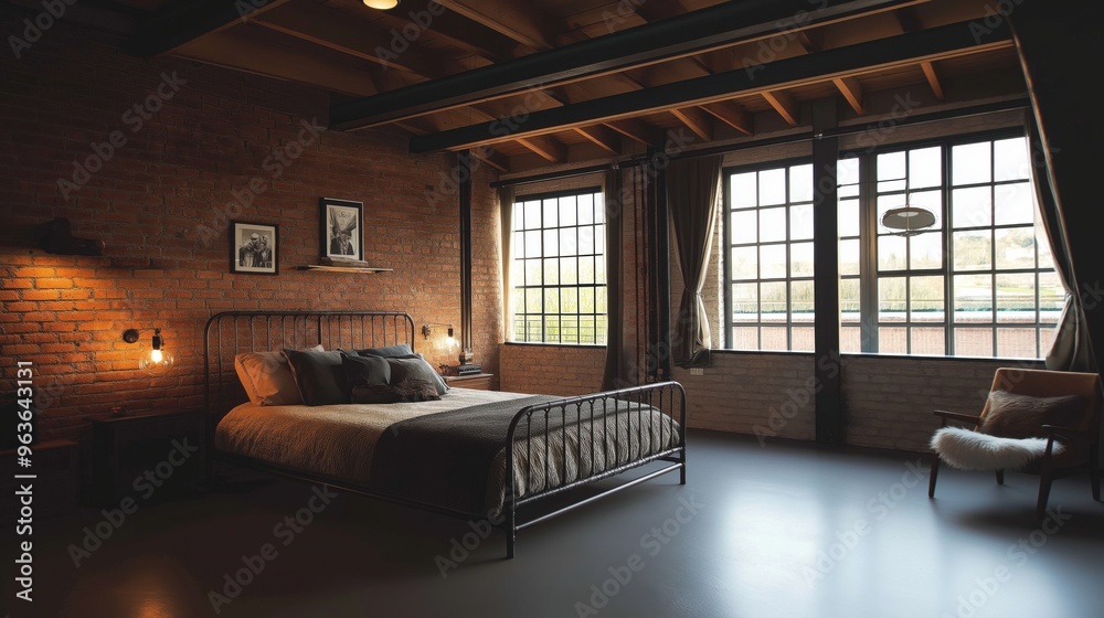 Fototapeta premium Loft bedroom with metal bed and exposed brick walls