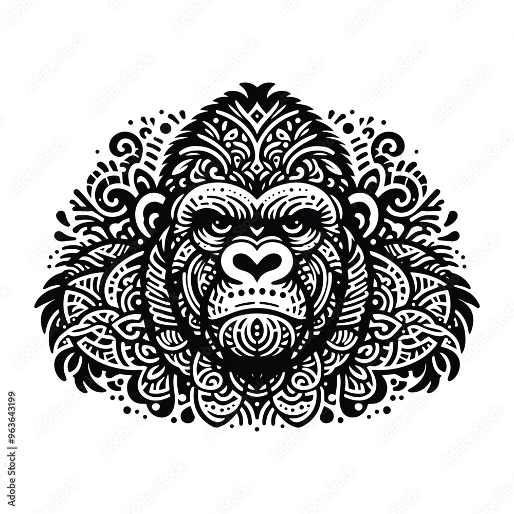 gorilla monkey in zentangle art, stencil logo, black and white animal illustration gorilla monkey in zentangle art, stencil logo, black and white animal illustration