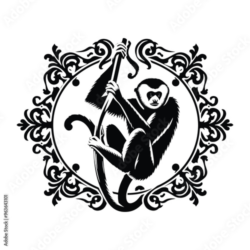 Gibbon monkey with victorian flourish decoration, stencil logo, black and white animal illustration