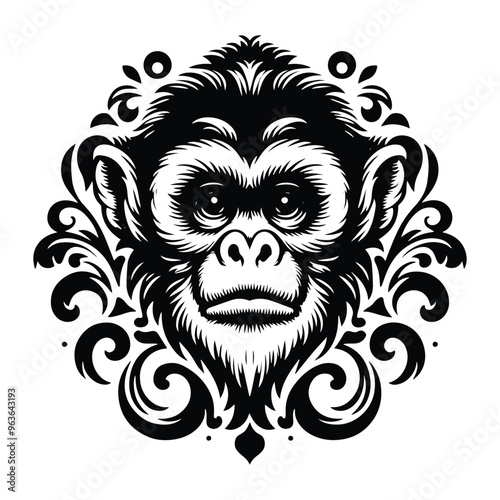 Gibbon monkey with victorian flourish decoration, stencil logo, black and white animal illustration