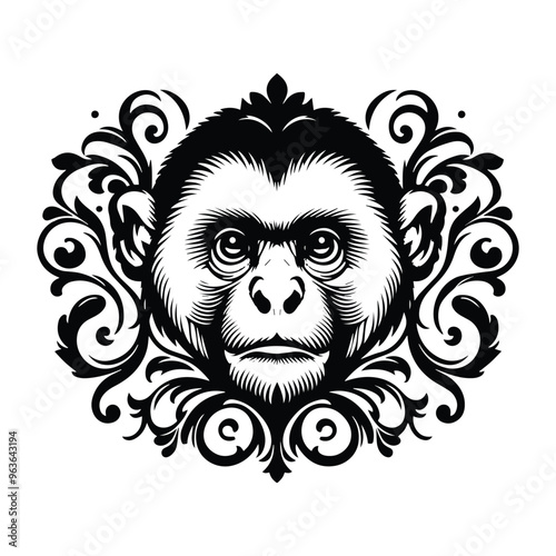 Gibbon monkey with victorian flourish decoration, stencil logo, black and white animal illustration