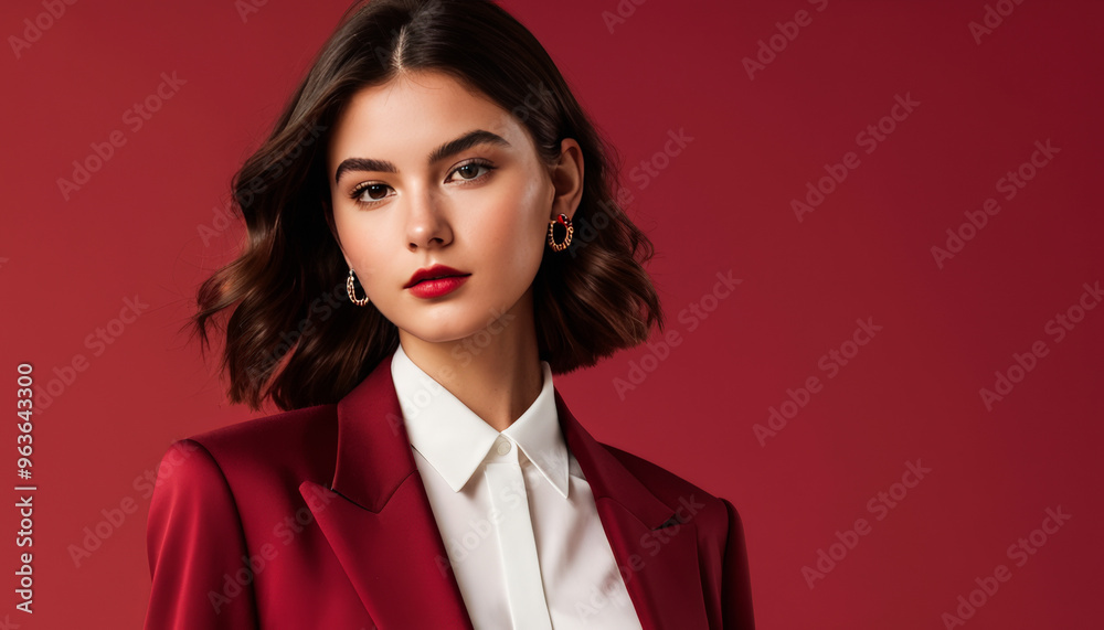 Stylish young Latina woman in a red blazer, showcasing professional elegance, perfect for International Women's Day promotions Stylish young Latina woman in a red blazer, showcasing professional elegance, perfect for International Women's Day promotions