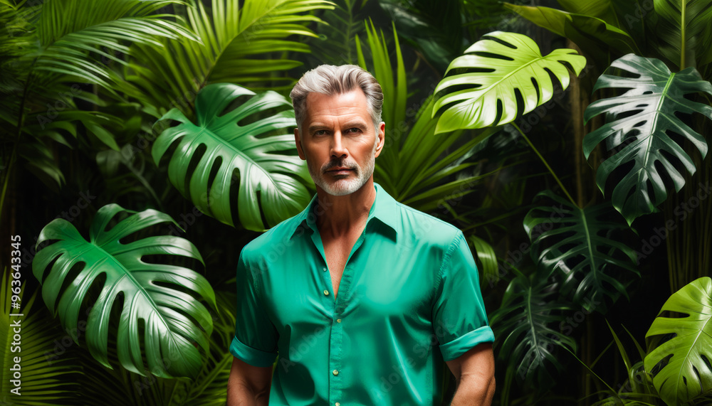 Mature Caucasian man in a green shirt standing in lush tropical foliage, ideal for nature retreats or eco-tourism ads Mature Caucasian man in a green shirt standing in lush tropical foliage, ideal for nature retreats or eco-tourism ads