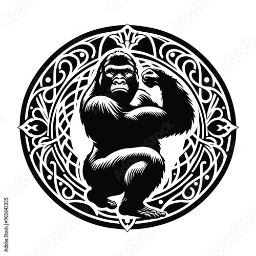 gorilla monkey with art nouveau decoration, stencil logo, black and white animal illustration