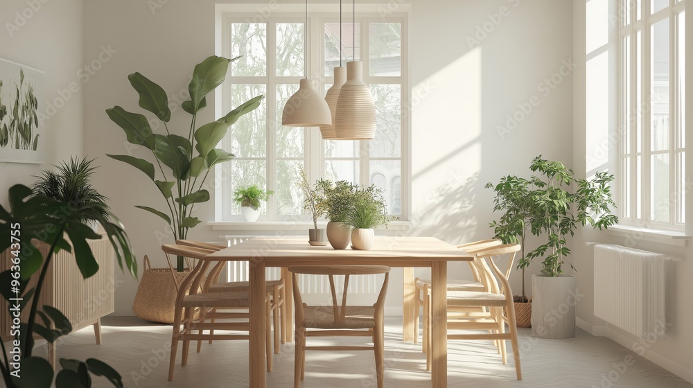 Fototapeta premium Scandinavian dining room with light wood furniture and houseplants