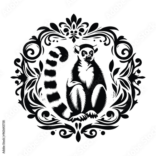 lemur monkey with victorian flourish decoration, stencil logo, black and white animal illustration