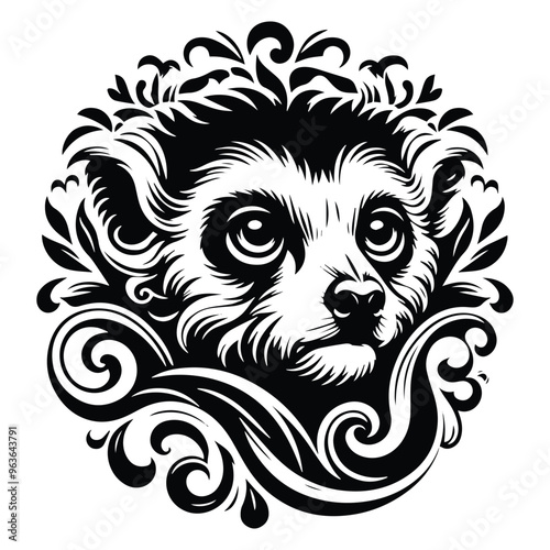 lemur monkey with victorian flourish decoration, stencil logo, black and white animal illustration