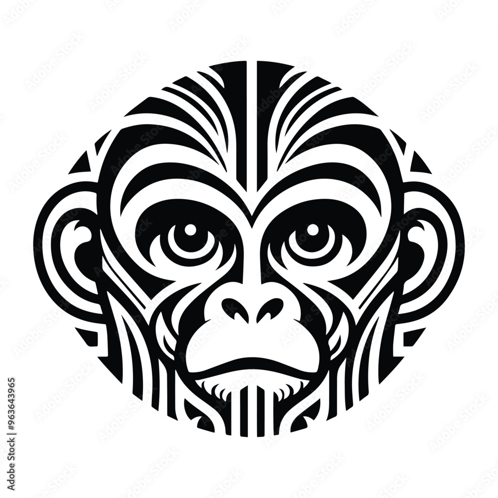 Fototapeta premium monkey with art deco decoration, stencil logo, black and white animal illustration