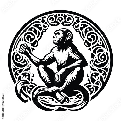 monkey with art nouveau decoration, stencil logo, black and white animal illustration