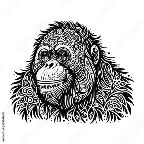 orangutan monkey in zentangle art, stencil logo, black and white animal illustration