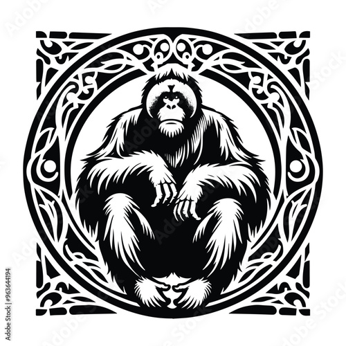 orangutan monkey with art nouveau decoration, stencil logo, black and white animal illustration