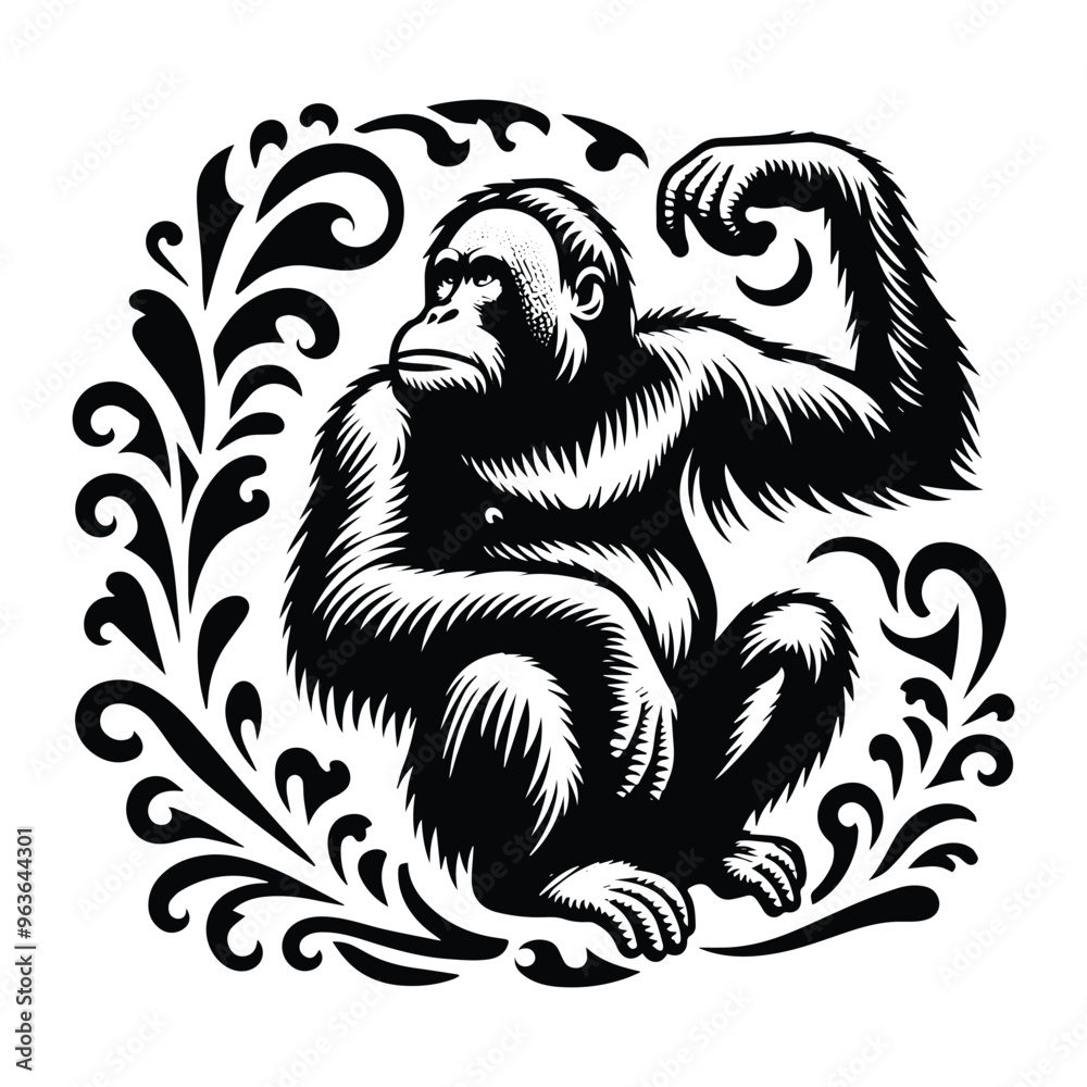 Fototapeta premium orangutan monkey with victorian flourish decoration, stencil logo, black and white animal illustration