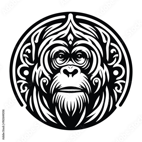 orangutan monkey with art nouveau decoration, stencil logo, black and white animal illustration