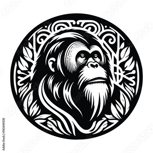 orangutan monkey with art nouveau decoration, stencil logo, black and white animal illustration