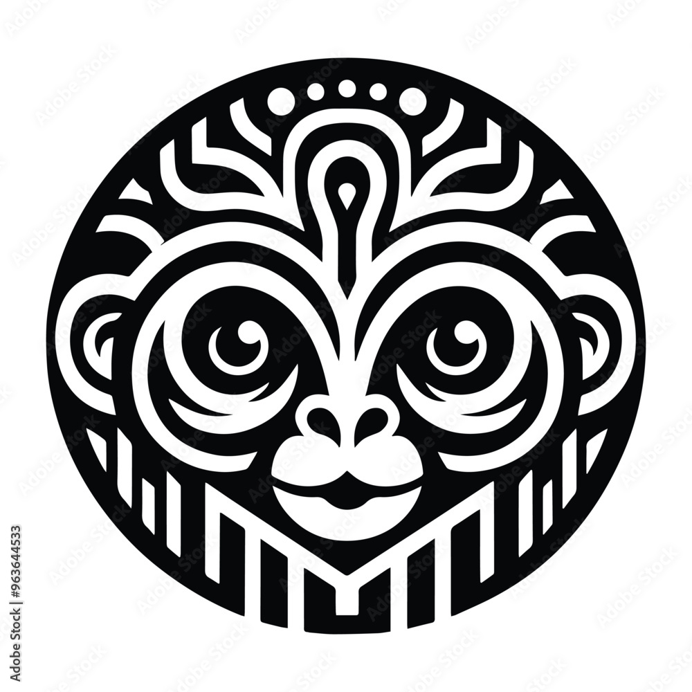 Tarsier monkey with art deco decoration, stencil logo, black and white animal illustration Tarsier monkey with art deco decoration, stencil logo, black and white animal illustration