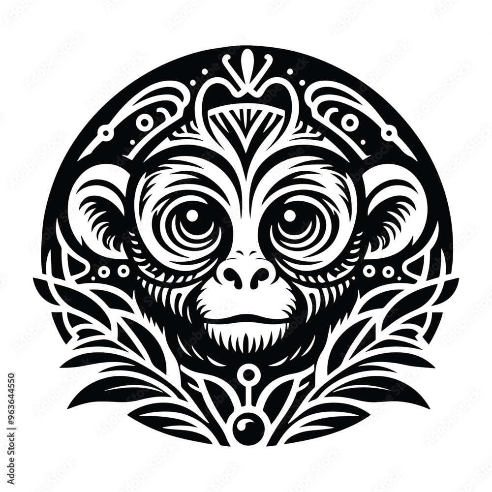 Tarsier monkey with art nouveau decoration, stencil logo, black and white animal illustration Tarsier monkey with art nouveau decoration, stencil logo, black and white animal illustration