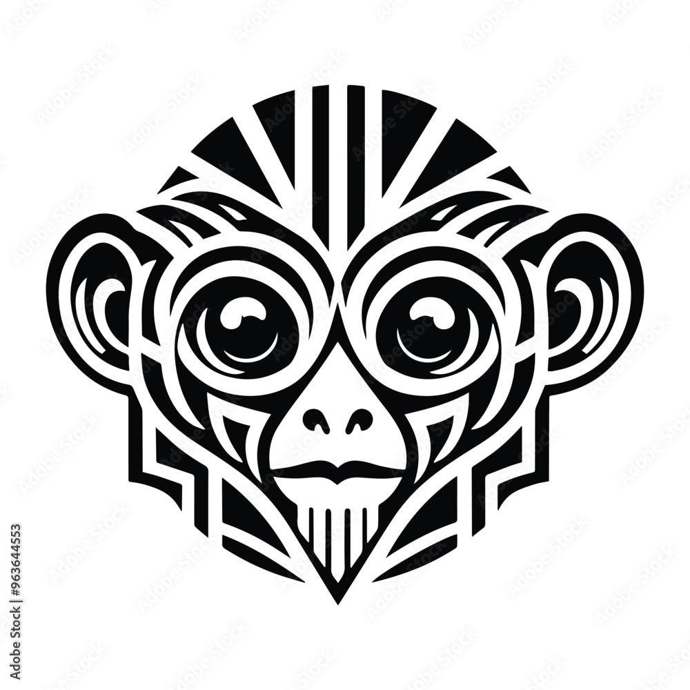 Obraz premium Tarsier monkey with art deco decoration, stencil logo, black and white animal illustration