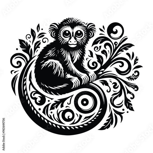 Tarsier monkey with victorian flourish decoration, stencil logo, black and white animal illustration