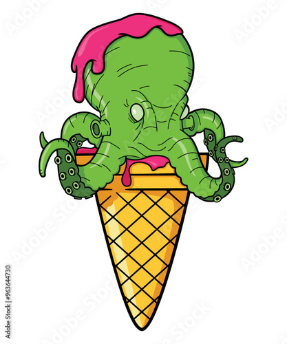 Octopus Scream, Funny Icecream cone vector art character graphic drawing illustration for stickers, streetwear, t-shirts, logos, print-on-demand, print, or branding