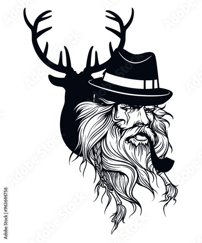 Deer Man, Black and white vintage barber shop vector art character graphic drawing illustration for stickers, streetwear, t-shirts, logos, print-on-demand, print, or branding