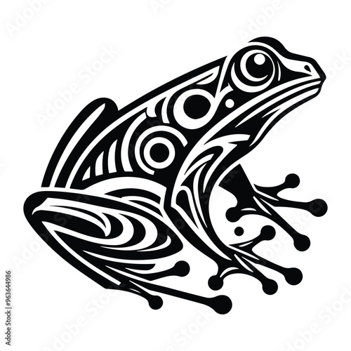 Bullfrog with art deco decoration, stencil logo, black and white animal illustration ,