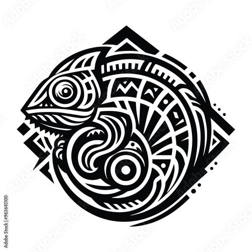 Chameleon reptile with art deco decoration, stencil logo, black and white animal illustration ,