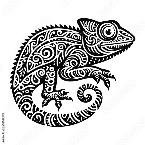 Chameleon reptile in zentangle art, stencil logo, black and white animal illustration