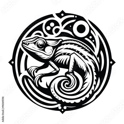 Wallpaper Mural Chameleon reptile with art nouveau decoration, stencil logo, black and white animal illustration Torontodigital.ca