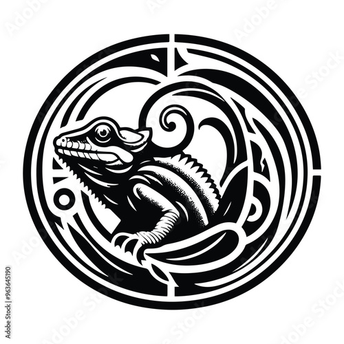 Wallpaper Mural Chameleon reptile with art nouveau decoration, stencil logo, black and white animal illustration Torontodigital.ca