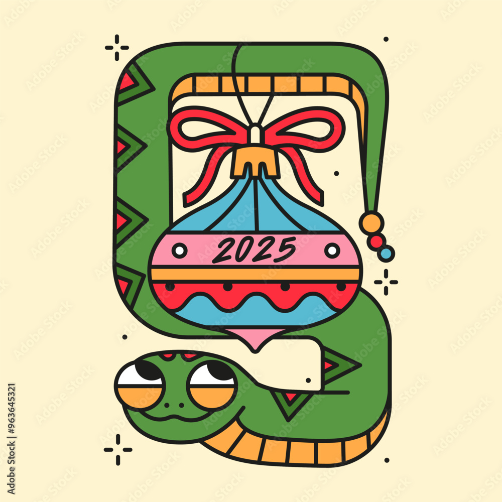 Happy new year and merry christmas 2025 greeting card with cute snake holding Christmas tree toy. Trendy isolated illustration for print. Holiday season poster. Happy new year and merry christmas 2025 greeting card with cute snake holding Christmas tree toy. Trendy isolated illustration for print. Holiday season poster.