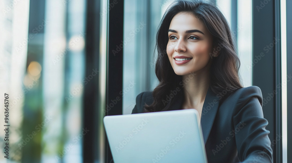 Modern office setting with a smiling businesswoman working on her laptop Modern office setting with a smiling businesswoman working on her laptop