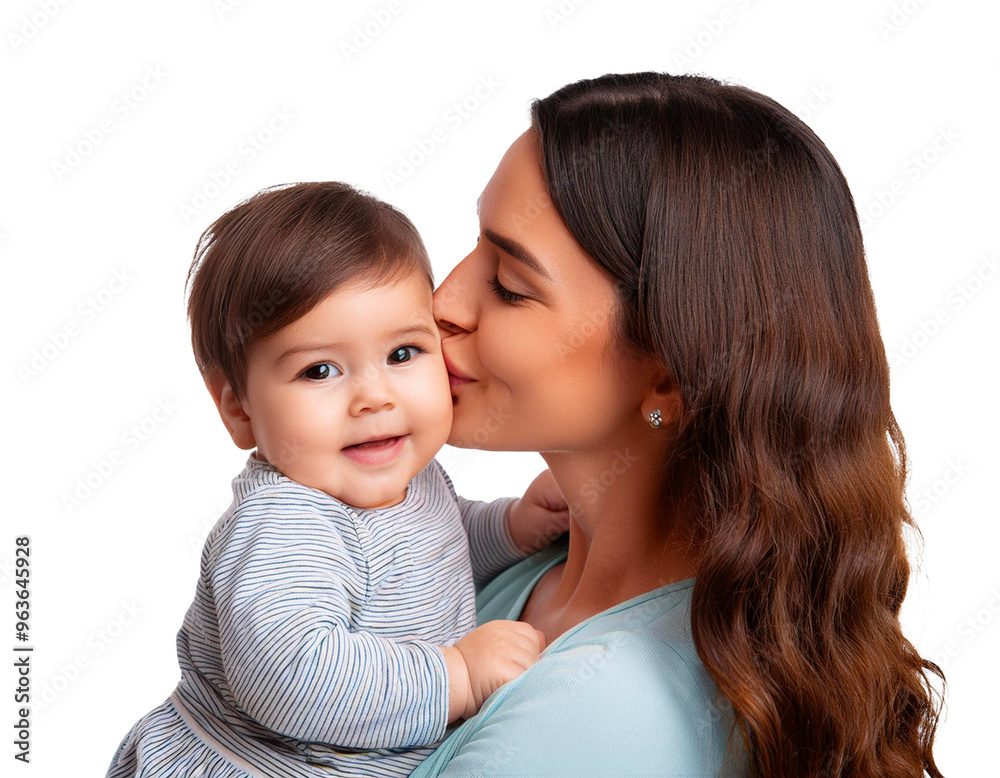 Happy mom kisses a cute baby isolated on transparent background Happy mom kisses a cute baby isolated on transparent background