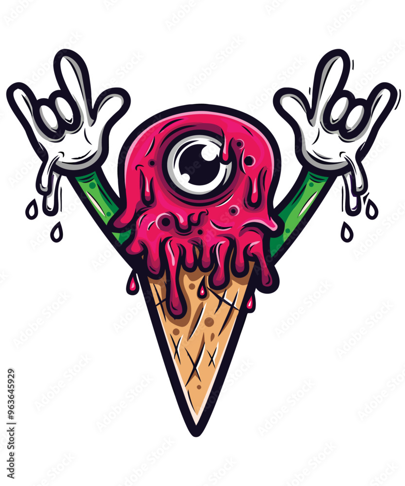Rad dripping Icecream Cone vector art character graphic drawing illustration for stickers, streetwear, t-shirts, logos, print-on-demand, print, or branding