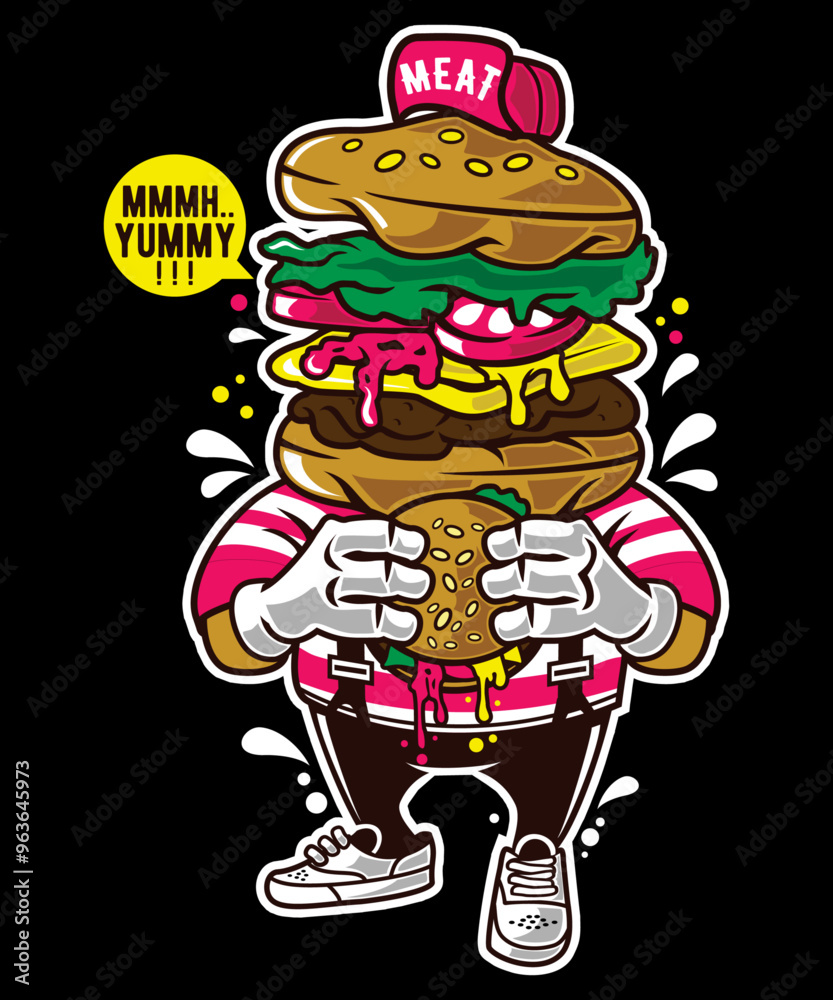 Obraz premium Quirky Humberger vector art character graphic drawing illustration for stickers, streetwear, t-shirts, logos, print-on-demand, print, or branding