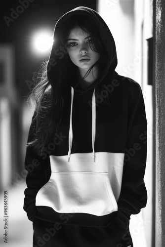 Mystery and Modernity: A Model inBlack and White Hoodie inNeon Alleyway photo