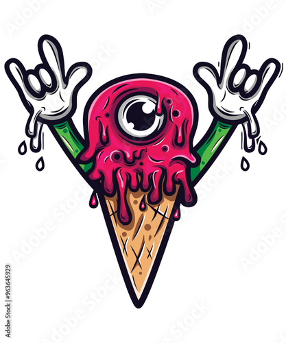 Rad dripping Icecream Cone vector art character graphic drawing illustration for stickers, streetwear, t-shirts, logos, print-on-demand, print, or branding
