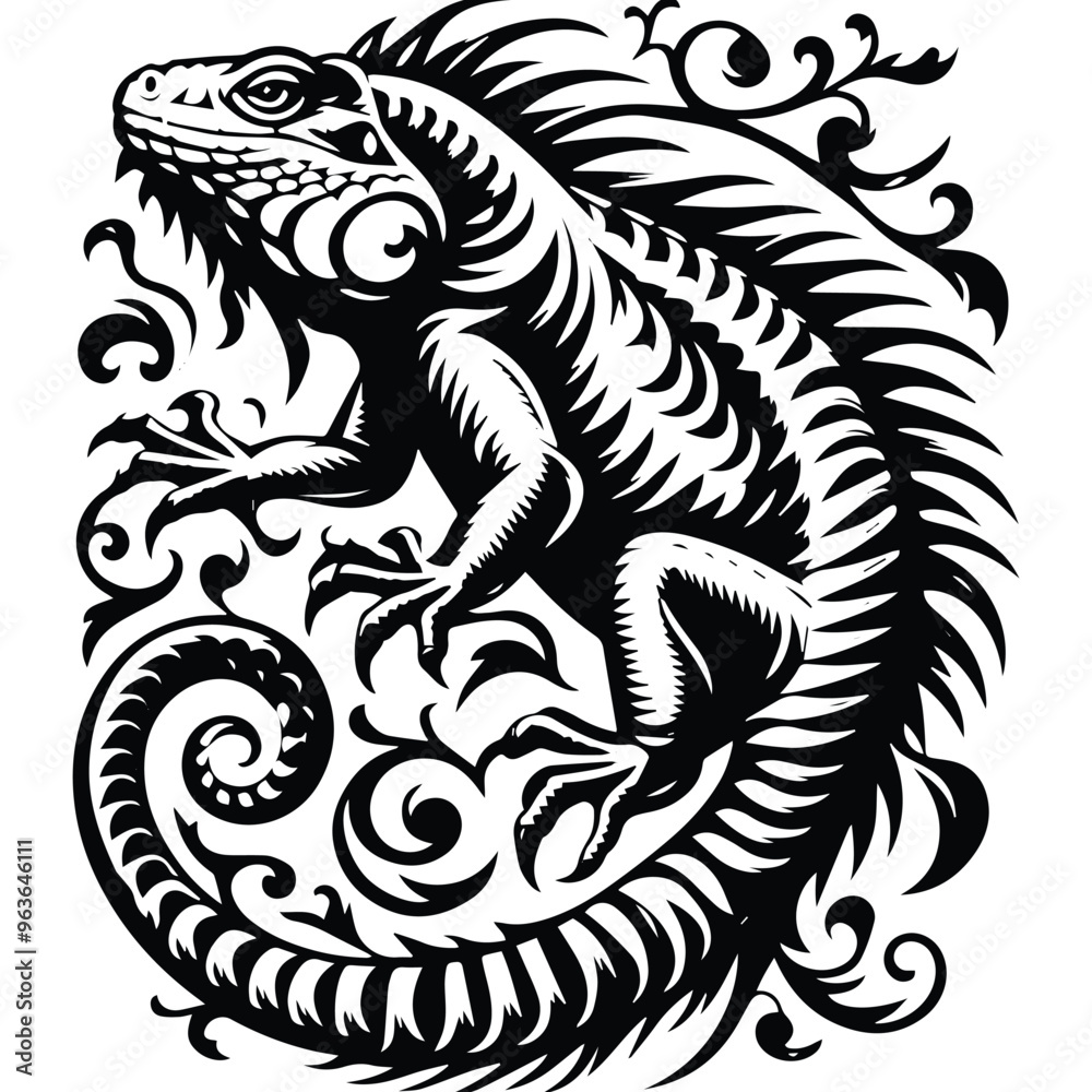 Iguana reptile with victorian flourish decoration, stencil logo, black and white animal illustration