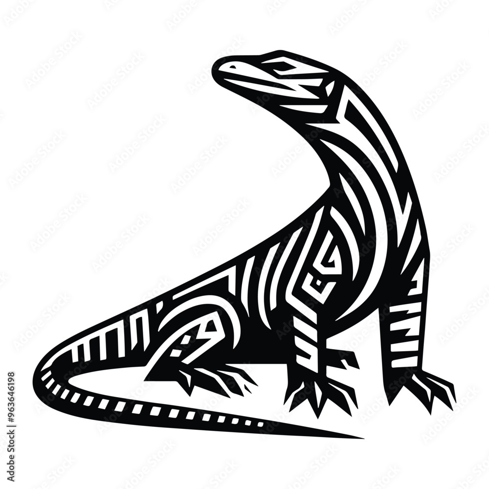 Komodo reptile with art deco decoration, stencil logo, black and white animal illustration , Komodo reptile with art deco decoration, stencil logo, black and white animal illustration ,